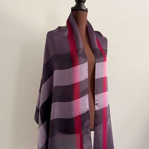 Display #2 Burberry Check Print Purple Silk Scarf - Picture 3 of 16